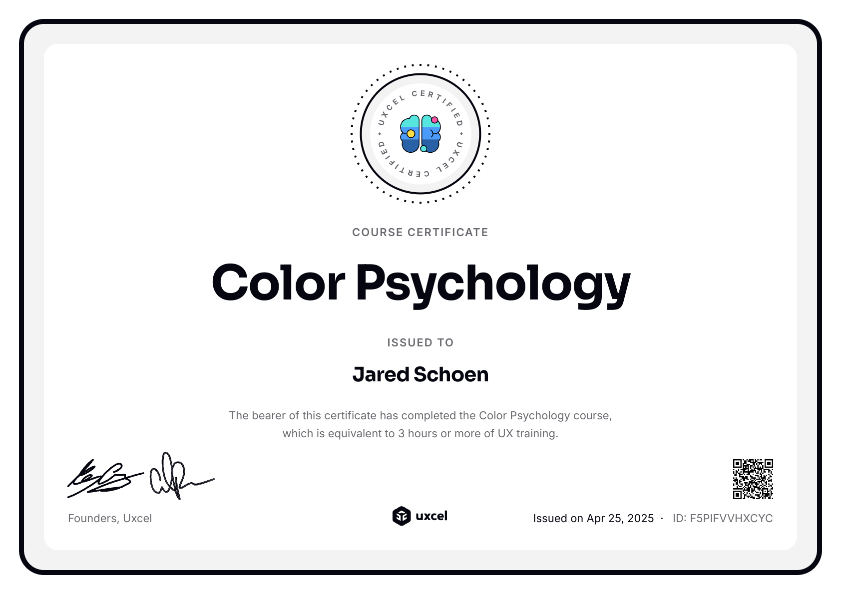 Jared Schoen's certificate